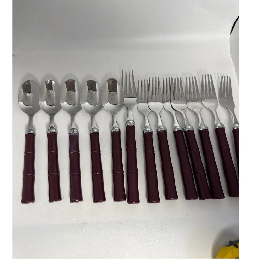 Hampton Silversmiths Flatware 13pc Set Burgundy Faux Bamboo Stainless Steel